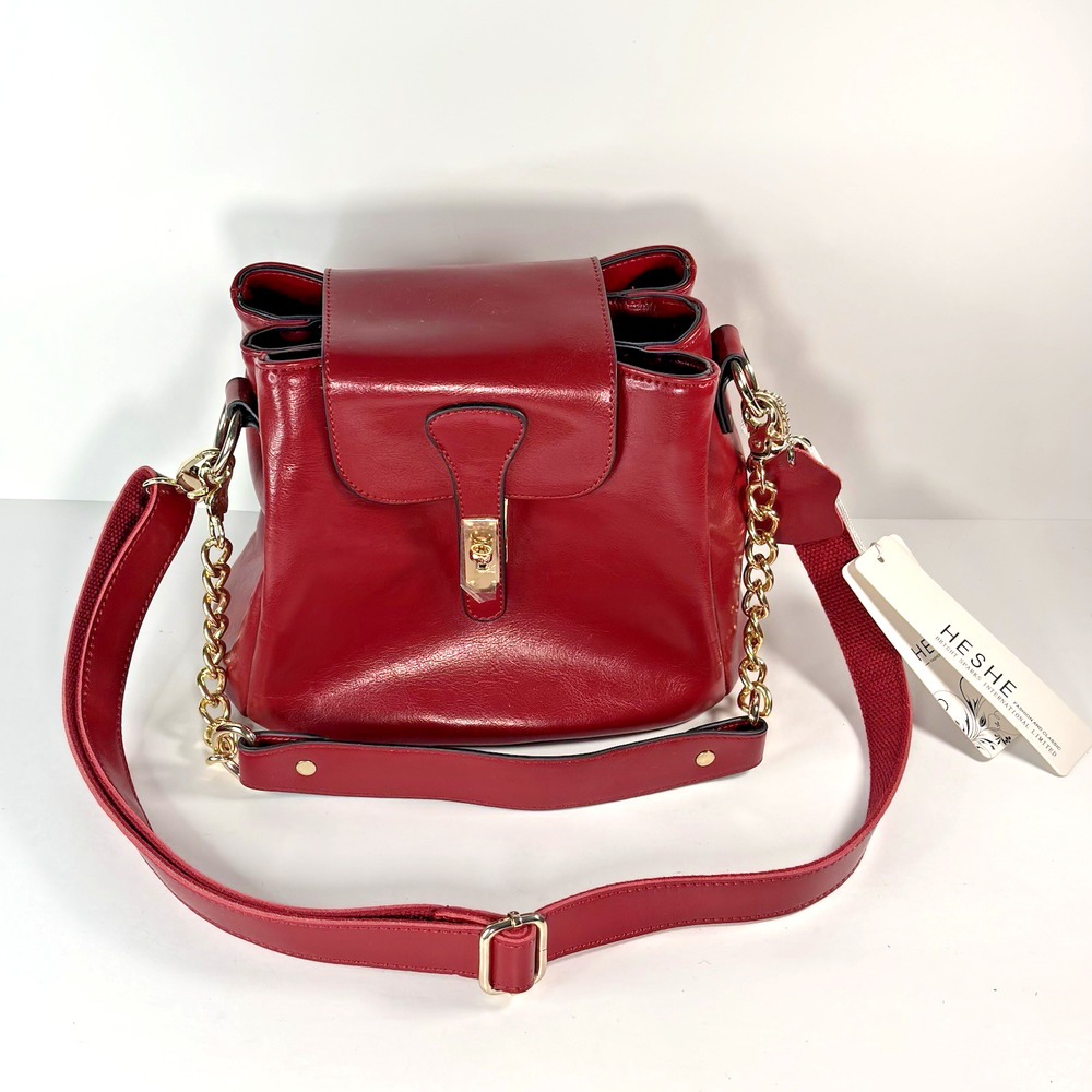 Heshe Chic Red Genuine Patent Leather Sachel Shoulder Purse Bag Multi Pocket